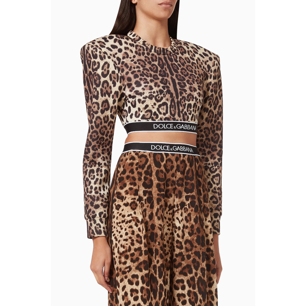 Dolce & Gabbana Brown Leopard Print Neoprene Padded-Shoulder Crop Top (IT 44, M)